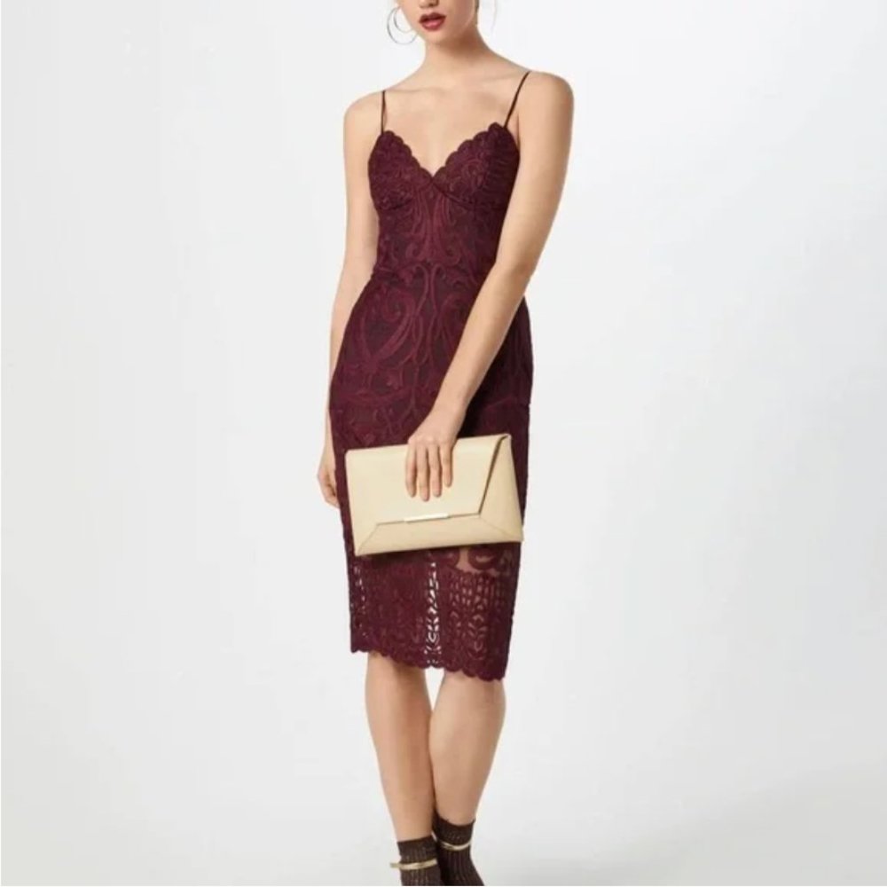 BARDOT GIA LACE PENCIL DRESS | WINE